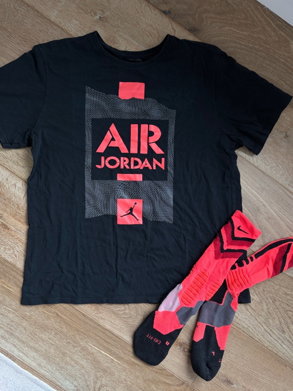 Jordan Black Tee with Coral AIR Graphic with matching Elite Pro Socks